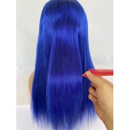 Elesis Virgin Hair Top grade Pure color Blue 100% raw hair lace Clousre wig/Frontal wig 180% Density Brazilian Hair Wig