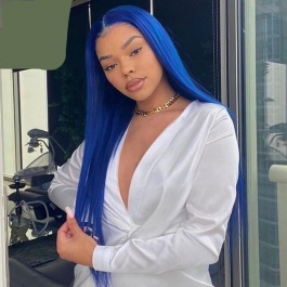 Elesis Virgin Hair Top grade Pure color Blue 100% raw hair lace Clousre wig/Frontal wig 180% Density Brazilian Hair Wig