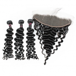 Elesis Virgin hair top grade virgin brazilian hair loose-wave 3bundles with 13x4 preplucked frontal swiss lace