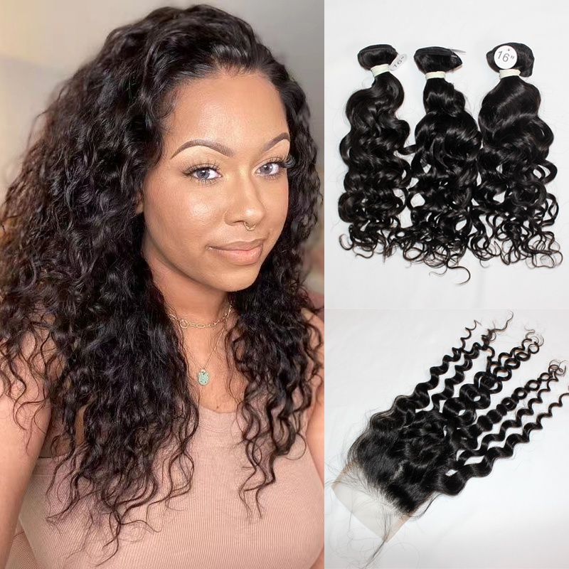 ElesisHair   4x4 Free part Lace Closure with Top grade Raw Virgin Peruvian Human Hair Water Wave 3 Bundles 