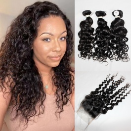 ElesisHair   4x4 Free part Lace Closure with Top grade Raw Virgin Peruvian Human Hair Water Wave 3 Bundles 
