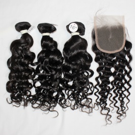 ElesisHair   4x4 Free part Lace Closure with Top grade Raw Virgin Peruvian Human Hair Water Wave 3 Bundles 