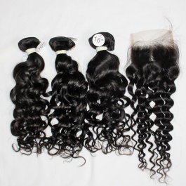 ElesisHair   4x4 Free part Lace Closure with Top grade Raw Virgin Peruvian Human Hair Water Wave 3 Bundles 