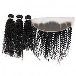 Elesis Virgin hair top grade raw  brazilian hair Jerry Curly 3bundles with 13x4 preplucked frontal swiss lace / HD Lace