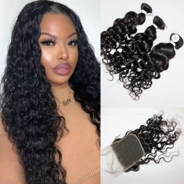 ElesisHair  5x5 Free part Lace Closure with Top grade Raw Virgin Brazilian Human Hair Water Wave 3 Bundles