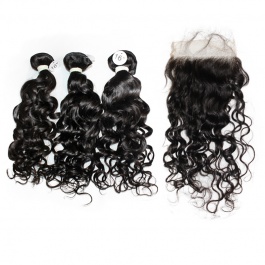 ElesisHair  5x5 Free part Lace Closure with Top grade Raw Virgin Brazilian Human Hair Water Wave 3 Bundles