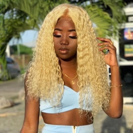Elesis Virgin Remy Blonde deep curly 13x4Frontal wig Transparent HD lace wig 180% density