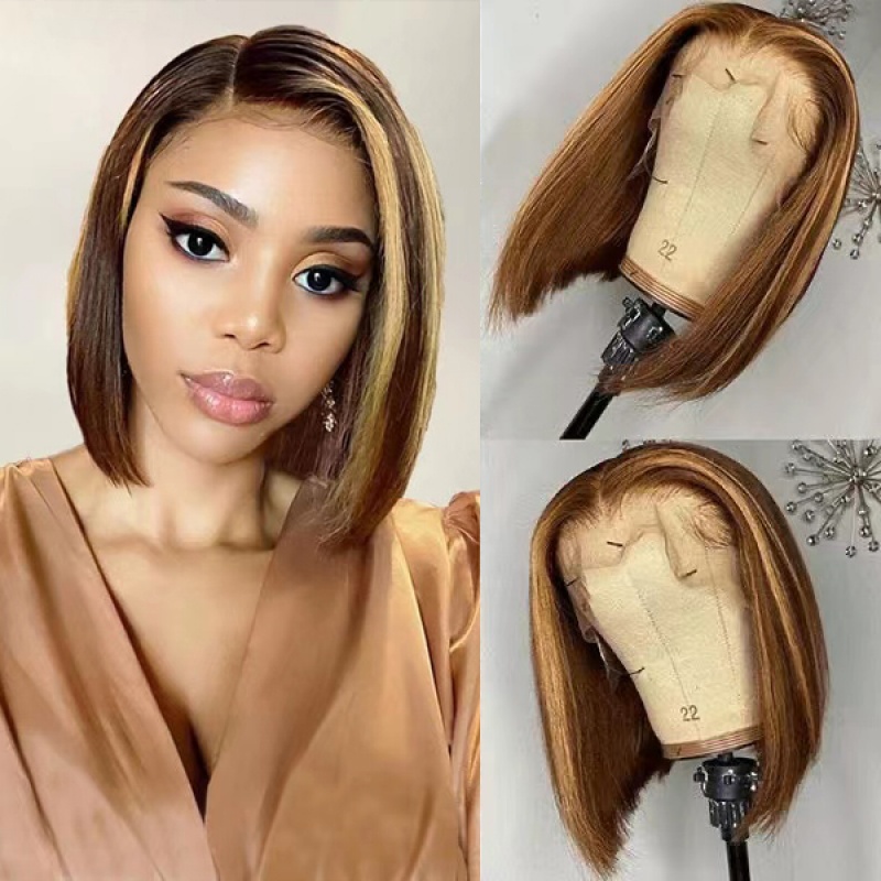 Highlight #4/27  color BOB straight short wig 150% density Virgin Remy Hair