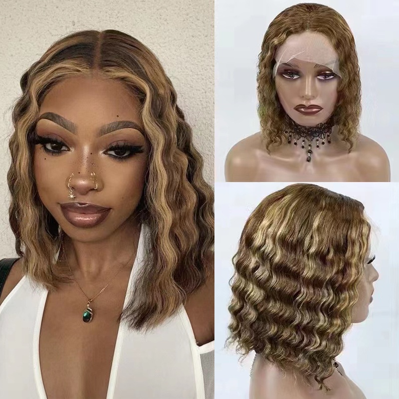 Highlight #4/27  color BOB deep curly short  Human hair wig 150% density Virgin Remy Hair 