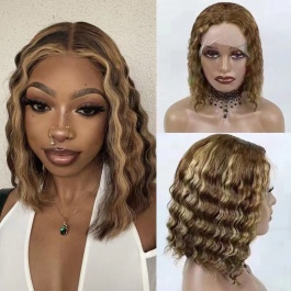 Highlight #4/27  color BOB deep curly short  Human hair wig 150% density Virgin Remy Hair 
