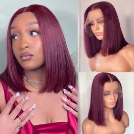 Short Bob Human hair wig Burgundy #99j color Virgin Remy Hair Lace Wig
