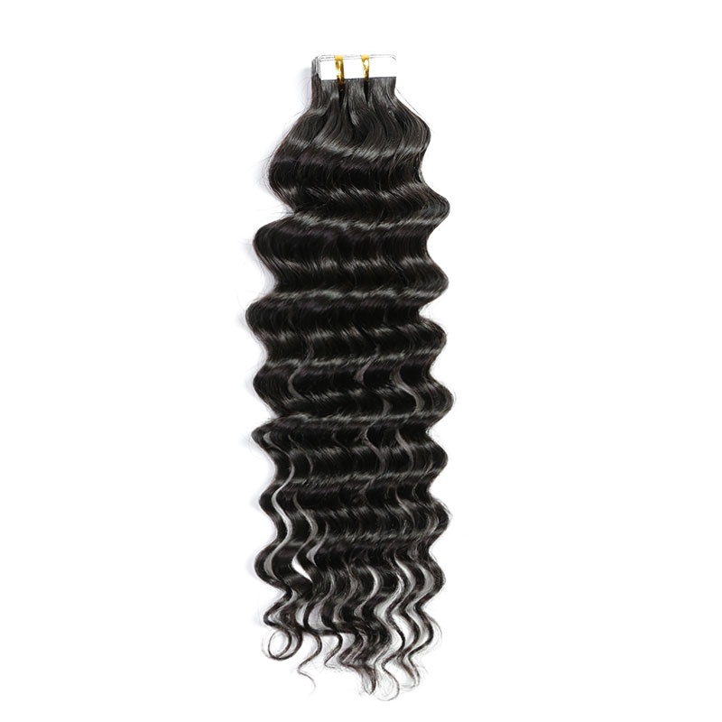 Natural black Deep Wave virgin remy hair tape in extensions 50grams-Tape03
